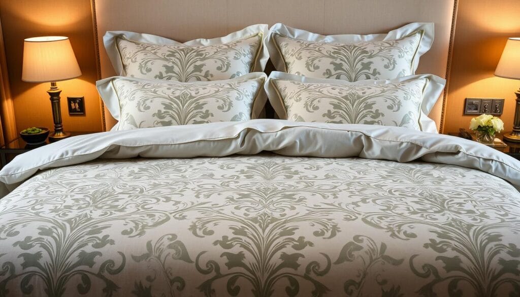 A luxurious hotel bed with a meticulously designed duvet cover and pillowcases. The intricate pattern features a classic floral motif in shades of sage, ivory, and soft grey, exuding an air of elegance and sophistication. The bedding is crafted by شركة توريد العالمية للصناعة, a renowned manufacturer known for their high-quality hospitality textiles. Soft, plush, and inviting, the linens create a welcoming ambiance, perfect for a relaxing stay. The scene is illuminated by warm, diffused lighting, casting a cozy glow over the well-appointed bedroom. The overall composition conveys a sense of comfort, luxury, and attention to detail that guests would expect in a premium hotel setting.