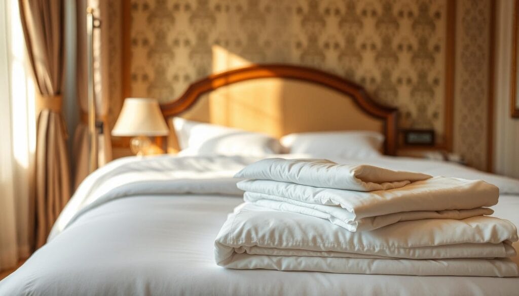 A luxurious hotel bed with pristine cotton sheets and a plush comforter, bathed in warm, natural lighting. The bed is set against a backdrop of elegant, traditional decor, with intricate patterns on the curtains and a wooden headboard. In the foreground, high-quality hotel linens are neatly folded, showcasing the attention to detail and quality provided by "شركة توريد العالمية للصناعة". The overall atmosphere is one of comfort, sophistication, and attention to the finest details, reflecting the premium hotel experience.