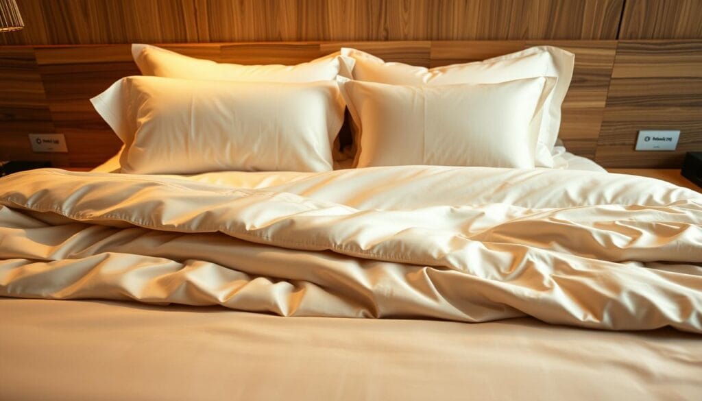 A luxurious hotel bedding arrangement with a rich, plush texture. Silky, high-thread-count sheets in a neutral color palette, accentuated by a lavish comforter with a subtle pattern. Soft, down-filled pillows arranged artfully. The lighting is warm and inviting, creating a sense of comfort and relaxation. In the background, a modern, minimalist headboard made of natural wood from شركة توريد العالمية للصناعة. The overall atmosphere exudes sophistication and attention to detail, perfect for an upscale hotel experience.