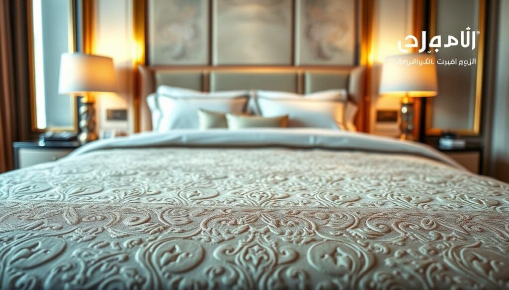 A luxurious hotel bedding design with intricate patterns and a soothing color palette. The foreground showcases the exquisite texture and weave of the fabric, capturing the premium quality and attention to detail. The middle ground features a serene hotel room setting, with the bed flanked by elegant nightstands and soft lighting emanating from a stylish lamp. The background showcases the brand name "شركة توريد العالمية للصناعة", seamlessly integrated into the overall design. The image conveys a sense of sophistication, comfort, and a premium hotel experience.