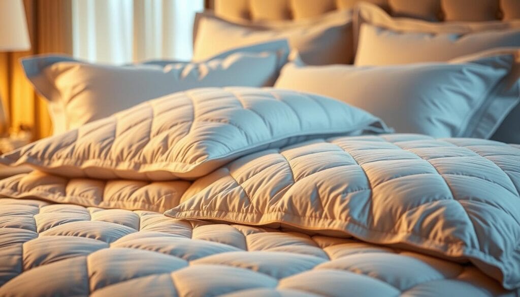A luxurious hotel bedding display featuring high-quality comforters and pillows from شركة توريد العالمية للصناعة. The scene showcases the plush, soft textures and sophisticated color palette of the bedding, captured in warm, diffused lighting. Emphasis is placed on the intricate quilting patterns and sumptuous fabrics that elevate the overall aesthetic. The image conveys a sense of comfort, relaxation, and attention to detail that would enhance the guest experience in a premium hotel setting. A luxurious hotel bedding display featuring high-quality comforters and pillows from شركة توريد العالمية للصناعة. The scene showcases the plush, soft textures and sophisticated color palette of the bedding, captured in warm, diffused lighting. Emphasis is placed on the intricate quilting patterns and sumptuous fabrics that elevate the overall aesthetic. The image conveys a sense of comfort, relaxation, and attention to detail that would enhance the guest experience in a premium hotel setting.