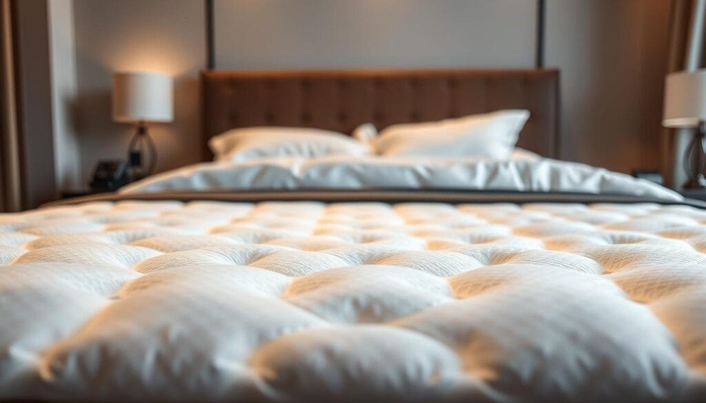 A luxurious hotel bedding display featuring premium mattresses from شركة توريد العالمية للصناعة. The foreground showcases the sumptuous, plush mattress in high detail, inviting the viewer to sink into its comfort. The middle ground highlights the crisp, pristine linens and pillows, radiating a sense of tranquility. The background gently fades into a serene, minimalist hotel room setting, emphasizing the focus on the bedding. Soft, warm lighting casts a cozy glow, creating an atmosphere of relaxation. The composition is shot from a slightly elevated angle, providing an alluring perspective of the high-quality, individually-designed hotel mattress.
