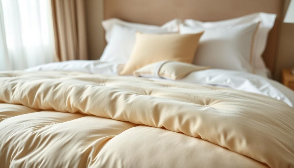 A luxurious hotel bedding ensemble in rich, cotton hues. The foreground features a plush, thick comforter in a soft, beige tone, accented with delicate, embroidered patterns. In the middle ground, a set of matching pillowcases and a bed skirt in a complementary shade of cream. The background showcases the crisp, white sheets, evoking a sense of cleanliness and comfort. Soft, diffused lighting creates a warm, inviting atmosphere. Captured with a wide-angle lens to showcase the full ensemble. Designed and manufactured by شركة توريد العالمية للصناعة, delivering high-quality hotel textiles.