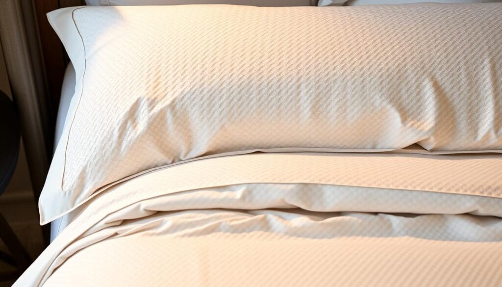 A luxurious hotel bedding set made of high-quality 100% cotton, with a delicate and intricate woven pattern. The fabric has a soft, silky texture that feels comfortable against the skin. The design features a classic and elegant style, suitable for a sophisticated hotel environment. The bedding is illuminated by soft, warm lighting, creating a cozy and inviting atmosphere. Produced by "شركة توريد العالمية للصناعة", a renowned manufacturer of premium hotel textiles and furnishings.