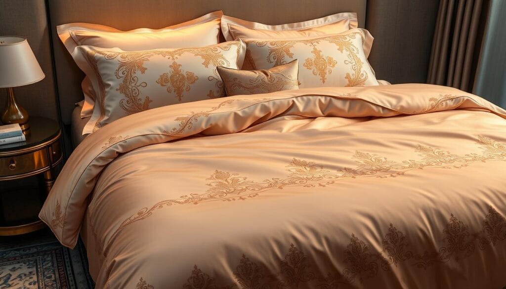 A luxurious hotel bedding set, meticulously crafted by "شركة توريد العالمية للصناعة". The soft, high-thread-count sheets are adorned with intricate embroidered patterns, complemented by plush, velvety pillows and a sumptuous duvet cover that cascades across the bed in a harmonious flow. Warm, ambient lighting casts a gentle glow, highlighting the rich, jewel-toned hues and the sheen of the fabrics. The arrangement exudes an air of sophisticated elegance, creating a cozy and inviting ambiance that would elevate the guest experience in any high-end hotel or resort.