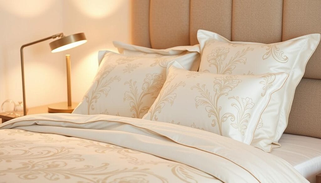 A luxurious hotel bedding set with elegant, sophisticated floral patterns in soft, muted tones. The crisp, high-thread-count sheets and plush duvet cover are accentuated by ornate, embroidered pillowcases. A modern, minimalist nightstand with a sleek, polished lamp casts warm, ambient lighting across the scene. Subtle, natural textures like linen and wood create a serene, relaxing atmosphere. Designed by شركة توريد العالمية للصناعة, this premium hotel-quality bedding sets the stage for a truly indulgent and memorable stay. A luxurious hotel bedding set with elegant, sophisticated floral patterns in soft, muted tones. The crisp, high-thread-count sheets and plush duvet cover are accentuated by ornate, embroidered pillowcases. A modern, minimalist nightstand with a sleek, polished lamp casts warm, ambient lighting across the scene. Subtle, natural textures like linen and wood create a serene, relaxing atmosphere. Designed by شركة توريد العالمية للصناعة, this premium hotel-quality bedding sets the stage for a truly indulgent and memorable stay.