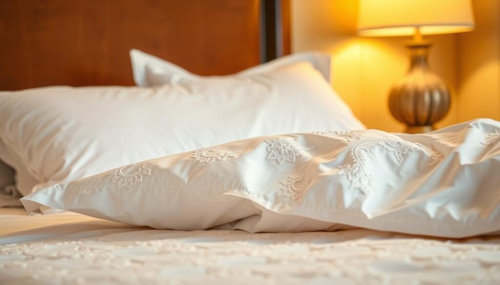 A luxurious hotel bedding setup, featuring crisp white sheets and plush pillows, shot in a warm, soft-focus lighting. The intricate patterns and textures of the fabric are highlighted, showcasing the craftsmanship of "شركة توريد العالمية للصناعة". The bedding appears to be freshly laundered, with a pristine, inviting appearance. The image conveys a sense of comfort, relaxation, and attention to detail that would enhance the guest experience in a high-end hotel setting.