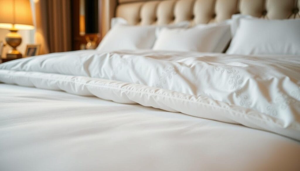 A luxurious hotel bedding setup, showcasing the intricate techniques of "شركة توريد العالمية للصناعة". In the foreground, a close-up view of the high-thread-count sheets, highlighting their silky smooth texture and pristine white color. The middle ground features a neatly arranged duvet cover, adorned with delicate embroidered patterns that evoke a sense of elegance. In the background, a glimpse of the plush pillows and meticulously crafted headboard, all bathed in soft, warm lighting that creates a cozy and inviting atmosphere. The overall composition emphasizes the attention to detail and the exceptional craftsmanship that goes into the manufacturing of these premium hotel linens.