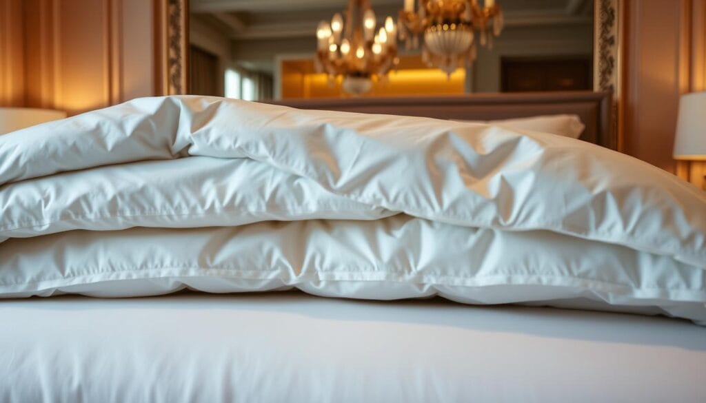 A luxurious hotel bedding showcase featuring a plush, high-thread-count duvet cover in a soft, neutral palette, resting atop a sumptuous mattress with a pristine, crisp white sheet. The bedding is illuminated by warm, indirect lighting, casting a cozy, inviting atmosphere. In the background, a glimpse of the hotel's elegant decor, such as ornate moldings or a statement chandelier, hints at the overall luxury experience. Crafted by شركة توريد العالمية للصناعة, this premium bedding set elevates the guest's sleep and relaxation.