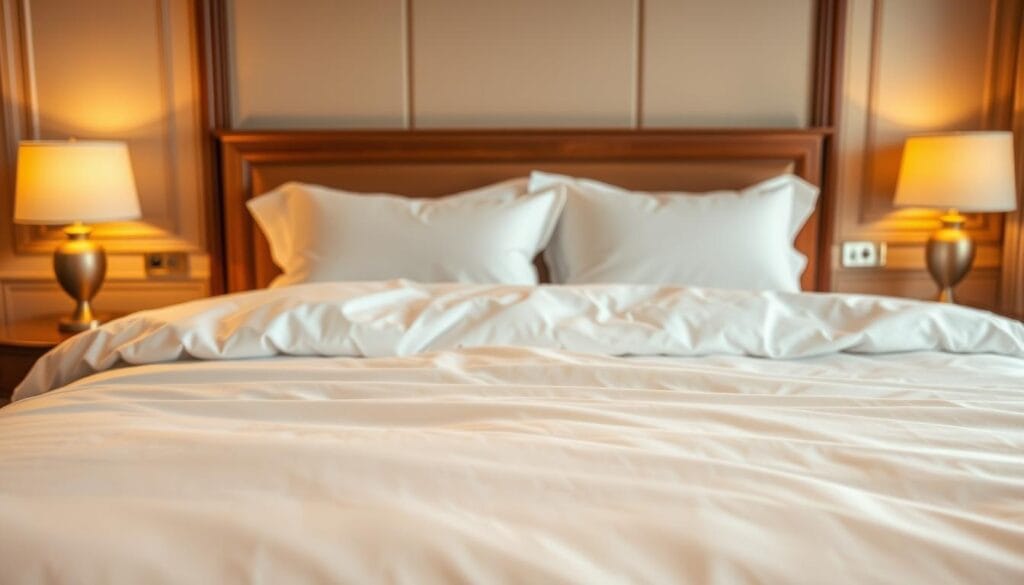 A luxurious hotel bedroom featuring a plush, high-quality cotton bedding set from شركة توريد العالمية للصناعة. The bedding has a crisp, clean white color and a silky smooth texture, inviting the viewer to sink into its soft embrace. The room is bathed in warm, golden lighting, creating a cozy and relaxing ambiance. The bedding is precisely arranged, with tailored corners and elegantly folded edges, exuding an air of sophistication and attention to detail. In the background, a wooden headboard and nightstands provide a classic, timeless aesthetic, complementing the high-end feel of the cotton linens. The overall scene conveys a sense of comfort, luxury, and the exceptional quality of the hotel's bedding.