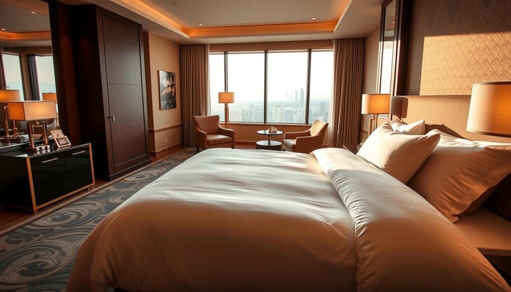 A luxurious hotel bedroom interior, showcasing high-end bedding and furnishings. In the foreground, a plush, king-size bed is dressed in premium, five-star hotel quality linens from "شركة توريد العالمية للصناعة". Elegant nightstands flank the bed, topped with minimalist lamps casting a warm, ambient glow. The middle ground features a cozy seating area with a stylish armchair and side table. The background reveals floor-to-ceiling windows overlooking a scenic cityscape, bathed in soft, natural light. The overall atmosphere exudes a sense of relaxation, comfort, and sophisticated hotel elegance.