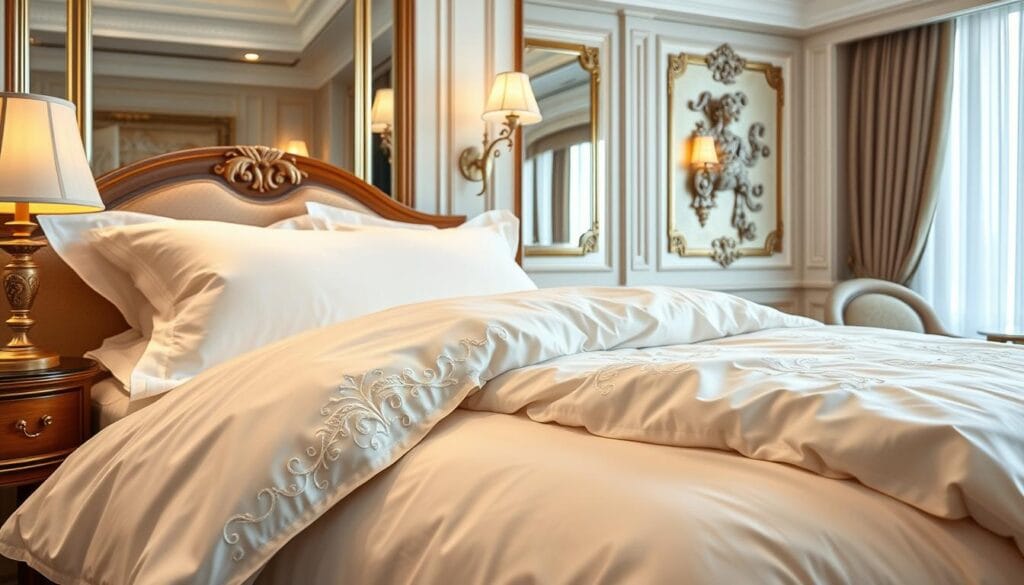 A luxurious hotel bedroom set with pristine white bedding and plush, high-quality linens. The bedding features intricate embroidered patterns and a subtle sheen, exuding an air of sophistication. The lighting is soft and warm, creating a cozy, inviting atmosphere. In the background, a detailed view of the room showcases the attention to detail in the hotel's design, including ornate furnishings and architectural elements. The overall scene conveys a sense of opulence and comfort, reflecting the high standards of "شركة توريد العالمية للصناعة" in producing exceptional hotel bedding.