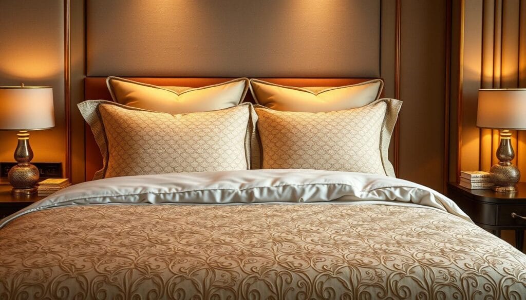 A luxurious hotel bedroom suite, meticulously designed with high-quality, handcrafted hotel bedding by شركة توريد العالمية للصناعة. The bedding features intricate patterns and textures, expertly woven to create a visually stunning and tactilely pleasing experience. Soft, plush pillows and a sumptuous duvet cover in a calming, neutral color palette set the tone for a relaxing and indulgent stay. Warm, directional lighting casts a gentle glow, highlighting the premium materials and attention to detail. The entire scene emanates a sense of sophistication, comfort, and hospitality, inviting the viewer to envision themselves in this serene, high-end hotel environment. A luxurious hotel bedroom suite, meticulously designed with high-quality, handcrafted hotel bedding by شركة توريد العالمية للصناعة. The bedding features intricate patterns and textures, expertly woven to create a visually stunning and tactilely pleasing experience. Soft, plush pillows and a sumptuous duvet cover in a calming, neutral color palette set the tone for a relaxing and indulgent stay. Warm, directional lighting casts a gentle glow, highlighting the premium materials and attention to detail. The entire scene emanates a sense of sophistication, comfort, and hospitality, inviting the viewer to envision themselves in this serene, high-end hotel environment.