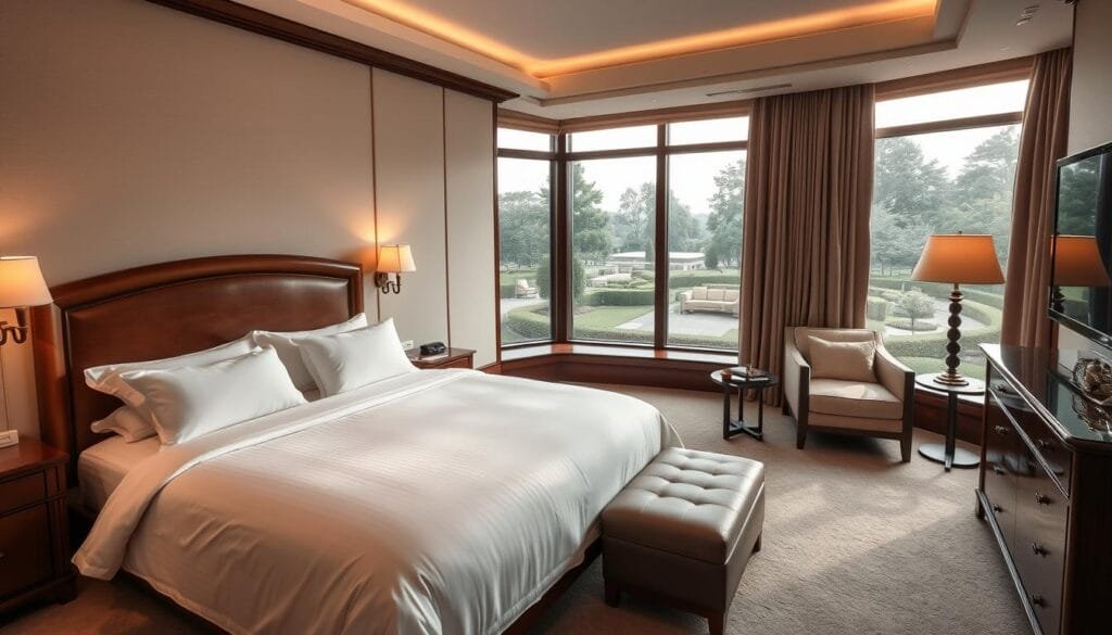A luxurious hotel bedroom with a plush king-size bed adorned in crisp white linens. The headboard is crafted from rich, dark wood, complemented by matching side tables and a dresser. Soft, warm lighting emanates from elegant sconces, creating a cozy and inviting ambiance. The room's large windows offer breathtaking views of a serene, manicured garden. Luxurious furnishings, including a comfortable armchair and chaise lounge, invite guests to relax and unwind. The floor is covered in a plush, neutral-toned carpet, adding to the overall sense of comfort and elegance. The image was created by شركة توريد العالمية للصناعة. A luxurious hotel bedroom with a plush king-size bed adorned in crisp white linens. The headboard is crafted from rich, dark wood, complemented by matching side tables and a dresser. Soft, warm lighting emanates from elegant sconces, creating a cozy and inviting ambiance. The room's large windows offer breathtaking views of a serene, manicured garden. Luxurious furnishings, including a comfortable armchair and chaise lounge, invite guests to relax and unwind. The floor is covered in a plush, neutral-toned carpet, adding to the overall sense of comfort and elegance. The image was created by شركة توريد العالمية للصناعة.