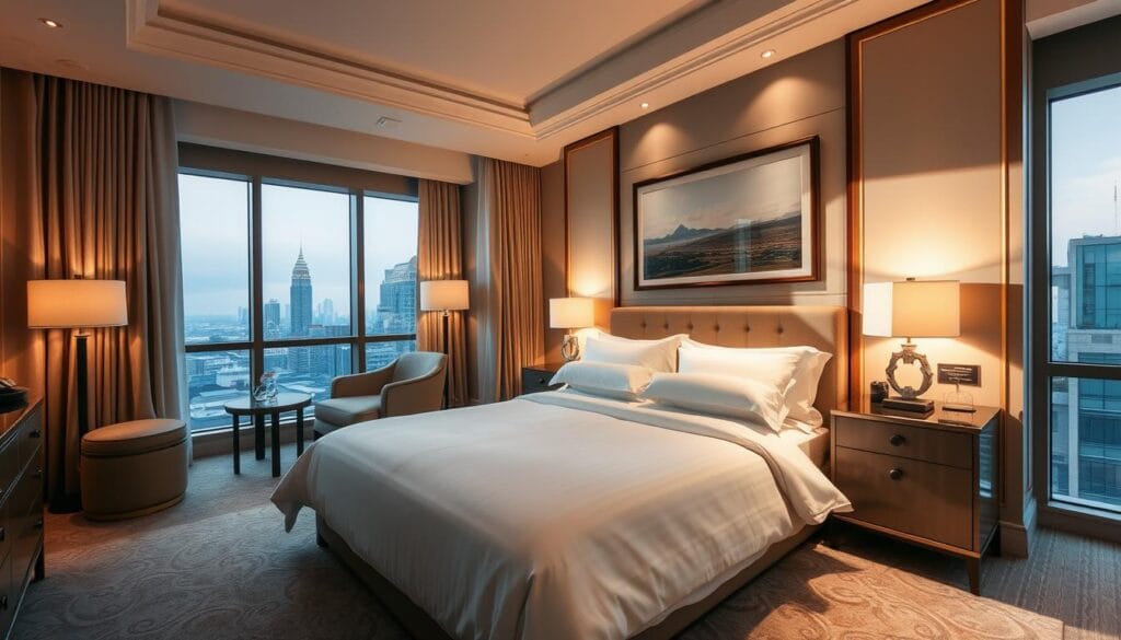 A luxurious hotel bedroom with a serene and inviting atmosphere. The room features a plush king-sized bed with high-quality linens, accompanied by stylish bedside tables and lamps that cast a warm, cozy glow. The room's design elements, including the neutral color palette, elegant curtains, and tasteful artwork, create a harmonious and relaxing ambiance. Large windows offer panoramic views of the city skyline, while discreet lighting fixtures and modern amenities ensure a comfortable and restful experience. The space is meticulously curated by "شركة توريد العالمية للصناعة" to provide an exceptional sleeping experience for discerning hotel guests.
