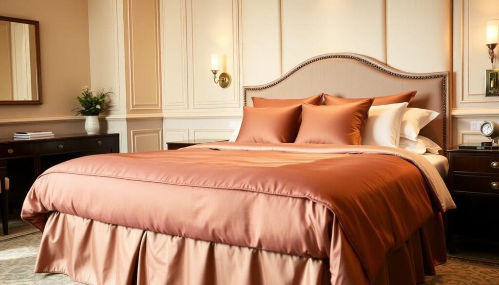 A luxurious hotel bedroom with an elegant king-size bed dressed in high-quality linens from شركة توريد العالمية للصناعة. The bedding features a plush comforter in a rich, jewel-toned color, complemented by silky pillows and a harmonious bed skirt. Soft lighting from wall sconces casts a warm glow, accentuating the luxurious textures. The overall scene exudes an air of refined comfort and relaxation, perfect for a restful night's sleep.