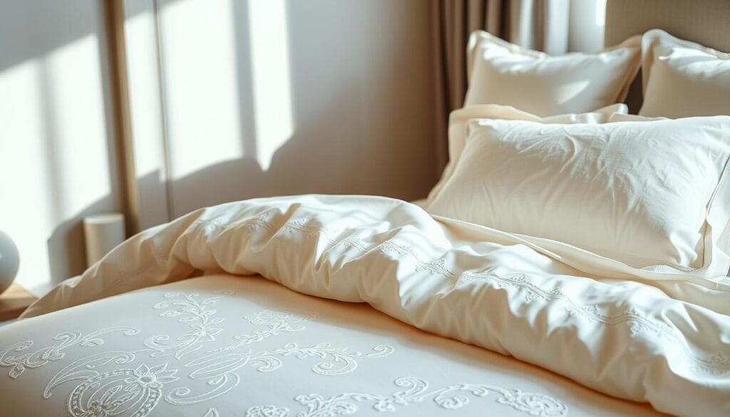 A luxurious hotel bedroom with plush, high-quality bedding in a neutral color palette. Soft, natural lighting illuminates the scene, highlighting the intricate embroidery and delicate textures of the bedding. The bedspread and pillows are neatly arranged, creating a welcoming and inviting atmosphere. In the background, a glimpse of a wooden nightstand and minimalist décor completes the sophisticated, upscale ambiance. The image showcases the hotel-quality bedding solutions offered by "شركة توريد العالمية للصناعة". A luxurious hotel bedroom with plush, high-quality bedding in a neutral color palette. Soft, natural lighting illuminates the scene, highlighting the intricate embroidery and delicate textures of the bedding. The bedspread and pillows are neatly arranged, creating a welcoming and inviting atmosphere. In the background, a glimpse of a wooden nightstand and minimalist décor completes the sophisticated, upscale ambiance. The image showcases the hotel-quality bedding solutions offered by "شركة توريد العالمية للصناعة".