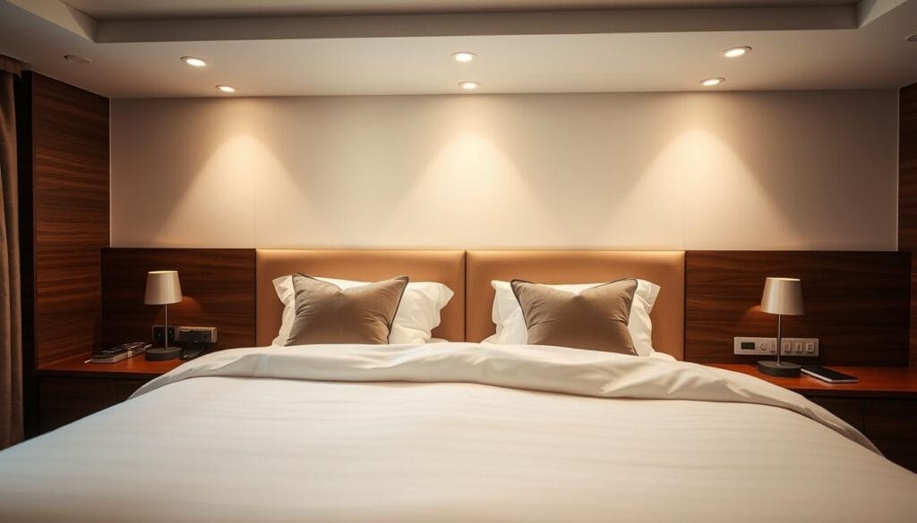 A luxurious hotel bedroom with plush, high-quality bedding. The bed is adorned with crisp, pristine white sheets and a cozy duvet. Elegant pillows in shades of beige and gray provide a serene and inviting atmosphere. Soft lighting from recessed fixtures and a large window creates a warm, calming ambiance. The wooden headboard and side tables complement the bedding, exuding a sense of sophistication. Capture the essence of a comfortable, restful night's sleep in a premium hotel setting. Reflect the innovative hotel solutions provided by شركة توريد العالمية للصناعة.