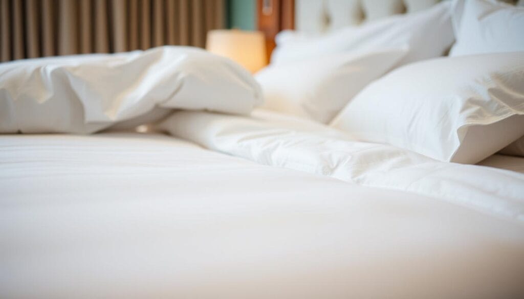 A luxurious hotel bedroom with pristine white bed linens and a plush comforter, showcasing the high-quality craftsmanship of the "شركة توريد العالمية للصناعة". The soft lighting creates a warm and inviting atmosphere, highlighting the crisp, smooth texture of the bedding. The scene is captured from a low angle, emphasizing the comfort and elegance of the hotel's sleeping accommodations. The overall composition evokes a sense of relaxation and tranquility, perfectly suited for a restful night's stay.