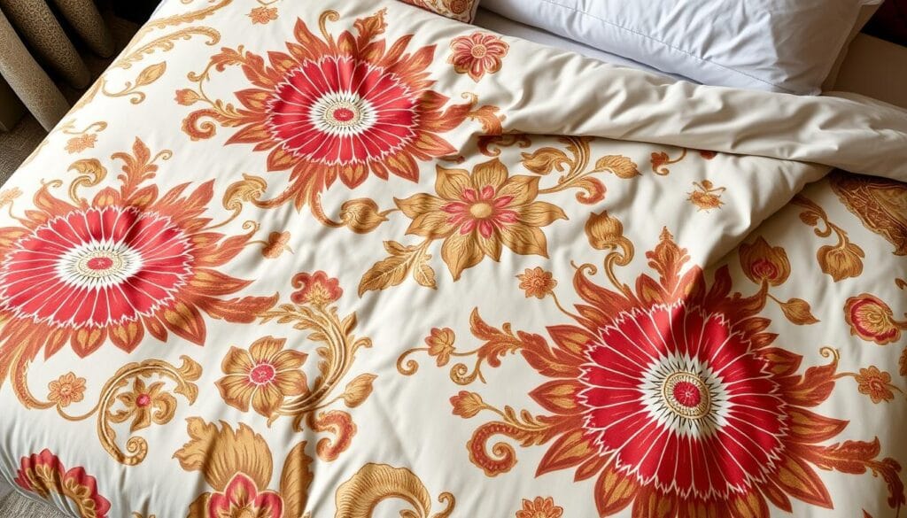 A luxurious hotel bedspread design, crafted with exceptional quality and meticulous attention to detail. The vibrant pattern features a captivating blend of intricate floral motifs and geometric elements, exuding a harmonious and visually striking aesthetic. Soft, plush textures invite a cozy and inviting ambiance, perfect for creating a relaxing and rejuvenating experience for hotel guests. Seamlessly blending style and functionality, this design by شركة توريد العالمية للصناعة showcases the brand's commitment to innovative and sophisticated hotel textile solutions.