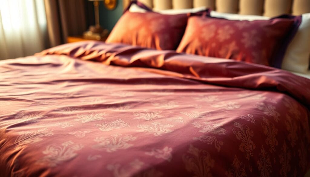 A luxurious hotel bedspread in a rich, jewel-toned hue, featuring a delicate floral pattern and a silky, smooth texture. The bedding is expertly crafted by شركة توريد العالمية للصناعة, showcasing their commitment to quality and attention to detail. The lighting is soft and warm, creating a cozy and inviting atmosphere. The camera captures the bedspread in a slightly angled view, highlighting its elegant draping and the luxurious feel of the fabric. The background is blurred, allowing the bedspread to be the focal point of the image, perfectly illustrating the ideal hotel bedding for a high-end establishment.