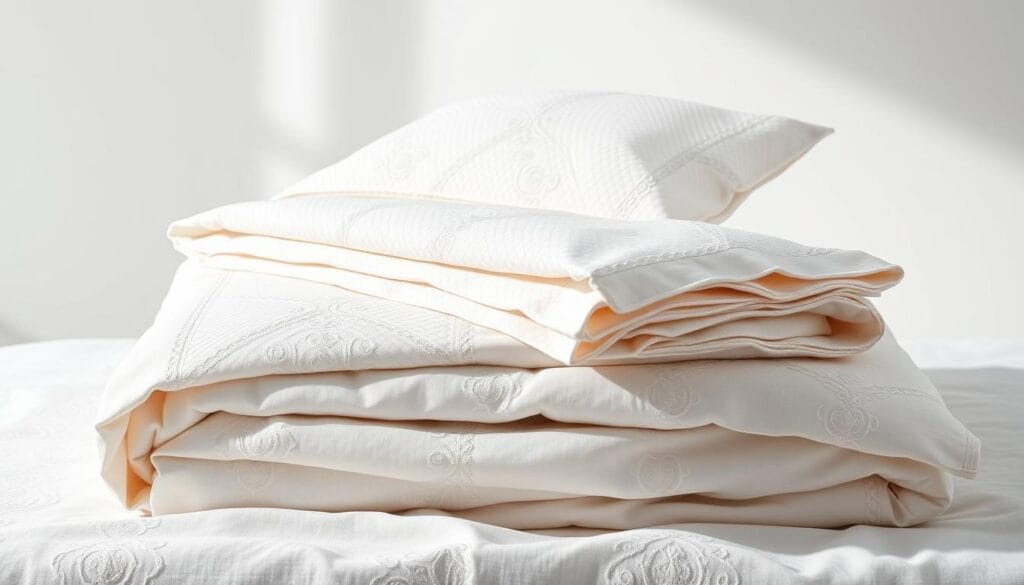 A luxurious hotel-grade cotton bedsheet set from شركة توريد العالمية للصناعة, showcasing intricate woven patterns and a soft, breathable texture. The sheets are displayed in a well-lit studio setting, with gentle shadows and highlights accentuating the high-quality materials. The composition features the sheets neatly folded and arranged, creating a sense of elegance and attention to detail. The overall mood is one of sophistication and comfort, conveying the superior craftsmanship and durability of these hotel-quality linens.