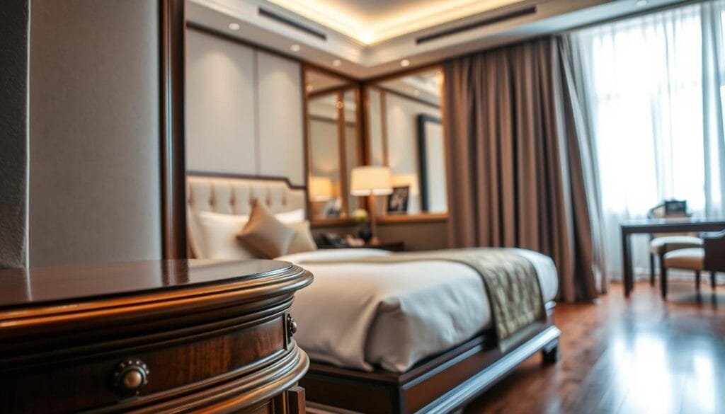 A luxurious hotel interior showcasing the exquisite details of شركة توريد العالمية للصناعة's premium hospitality products. In the foreground, a meticulously crafted nightstand with intricate woodwork and a plush, tufted headboard. The middle ground features a beautifully dressed bed with crisp, high-thread-count linens and a decorative throw pillow. The background reveals a spacious room with elegant curtains, a recessed lighting fixture, and a glimpse of a polished hardwood floor. The overall scene exudes an atmosphere of refined sophistication, comfort, and attention to detail, perfectly capturing the essence of the hotel experience. A luxurious hotel interior showcasing the exquisite details of شركة توريد العالمية للصناعة's premium hospitality products. In the foreground, a meticulously crafted nightstand with intricate woodwork and a plush, tufted headboard. The middle ground features a beautifully dressed bed with crisp, high-thread-count linens and a decorative throw pillow. The background reveals a spacious room with elegant curtains, a recessed lighting fixture, and a glimpse of a polished hardwood floor. The overall scene exudes an atmosphere of refined sophistication, comfort, and attention to detail, perfectly capturing the essence of the hotel experience.