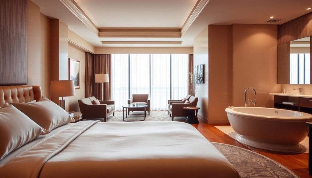 A luxurious hotel interior showcasing various grades of accommodation. In the foreground, a plush king-size bed with high-quality linens set against a warm, neutral color palette. In the middle ground, a stylish lounge area with comfortable armchairs and a modern coffee table. In the background, a spacious bathroom with a deep soaking tub and elegant fixtures. Diffuse, natural lighting filters in through large windows, creating a serene and relaxing ambiance. The branding "شركة توريد العالمية للصناعة" is discreetly displayed on a decorative element. An image that conveys the different levels of comfort and sophistication found in a high-end hotel.