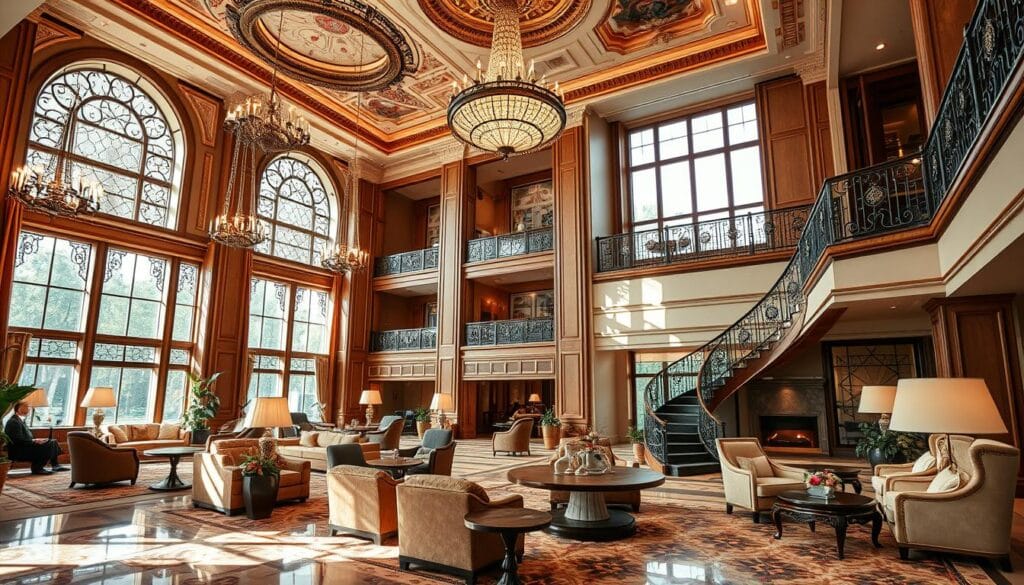 A luxurious hotel interior with a warm, inviting ambiance. A spacious lobby features intricate architectural details, such as high ceilings, ornate chandeliers, and a grandiose staircase. Plush seating areas are scattered throughout, with rich fabrics and polished wooden furnishings. Large windows allow natural light to flood the space, creating a sense of openness and elegance. In the background, a tranquil lounge area offers a cozy retreat, with comfortable armchairs and a fireplace. This image showcases the high-end hotel experience, capturing the refined and sophisticated design of "شركة توريد العالمية للصناعة".