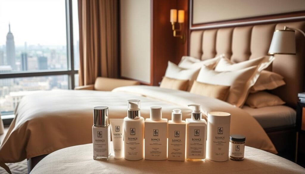 A luxurious hotel interior with plush, high-quality bedding and linens in shades of beige and cream. Elegant furnishings, including a wooden nightstand with a modern lamp, create a welcoming and comfortable atmosphere. Soft, warm lighting from wall sconces casts a cozy glow, while large windows offer a picturesque view of a bustling city skyline outside. In the foreground, a neatly arranged array of premium toiletries and amenities from "شركة توريد العالمية للصناعة" signal the hotel's commitment to providing an exceptional guest experience.