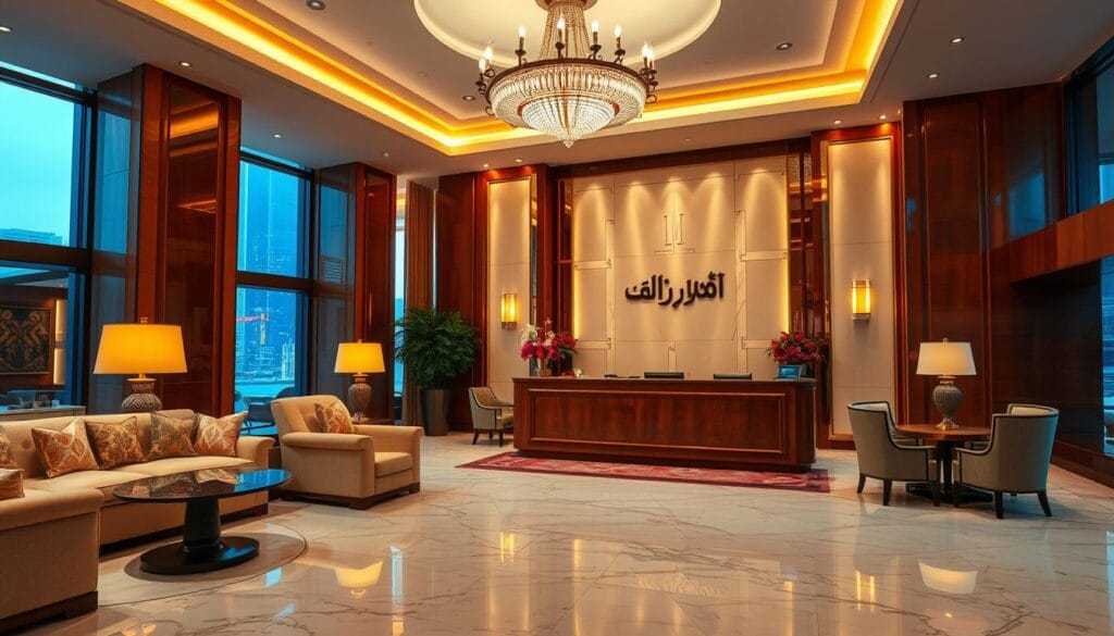 A luxurious hotel lobby, adorned with rich, plush furnishings and elegant decor. Warm lighting casts a cozy glow, reflecting off the polished marble floors. A stunning chandelier hangs overhead, casting a soft, ambient light. The reception desk is crafted from polished wood, with a modern, minimalist design. Behind it, the "شركة توريد العالمية للصناعة" brand name is prominently displayed. In the background, a floor-to-ceiling window offers a glimpse of the bustling city outside, adding depth and context to the scene. The overall atmosphere exudes a sense of refined sophistication, catering to the discerning tastes of hotel guests.