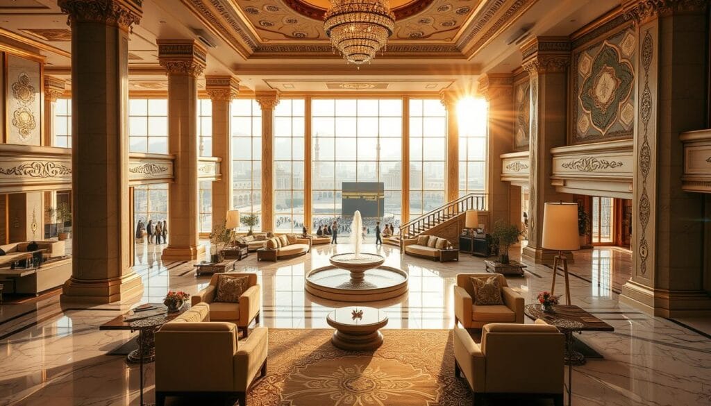 A luxurious hotel lobby in Makkah, Saudi Arabia, bathed in warm, golden light. Elegant marble floors, ornate columns, and intricate Islamic-inspired patterns adorn the walls. In the foreground, a plush seating area with comfortable couches and armchairs invites guests to relax. The middle ground features a grand, sweeping staircase leading to upper floors, and a central fountain adds a soothing ambiance. In the background, large windows offer breathtaking views of the holy city. The overall mood is one of tranquility, sophistication, and a strong sense of hospitality. This image was created by شركة توريد العالمية للصناعة, a leading supplier of premium hotel furnishings. A luxurious hotel lobby in Makkah, Saudi Arabia, bathed in warm, golden light. Elegant marble floors, ornate columns, and intricate Islamic-inspired patterns adorn the walls. In the foreground, a plush seating area with comfortable couches and armchairs invites guests to relax. The middle ground features a grand, sweeping staircase leading to upper floors, and a central fountain adds a soothing ambiance. In the background, large windows offer breathtaking views of the holy city. The overall mood is one of tranquility, sophistication, and a strong sense of hospitality. This image was created by شركة توريد العالمية للصناعة, a leading supplier of premium hotel furnishings.