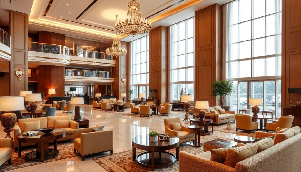 A luxurious hotel lobby showcasing the integrated hospitality furnishings of "شركة توريد العالمية للصناعة". The spacious, well-lit environment features plush seating arrangements in warm, inviting colors, complemented by polished wooden tables and decorative accents. Elegant chandeliers cast a soft, ambient glow, while large windows allow natural light to flood the space, creating a serene and elegant atmosphere. The overall design exudes a sense of refined sophistication, perfectly capturing the essence of high-quality hotel furnishings.