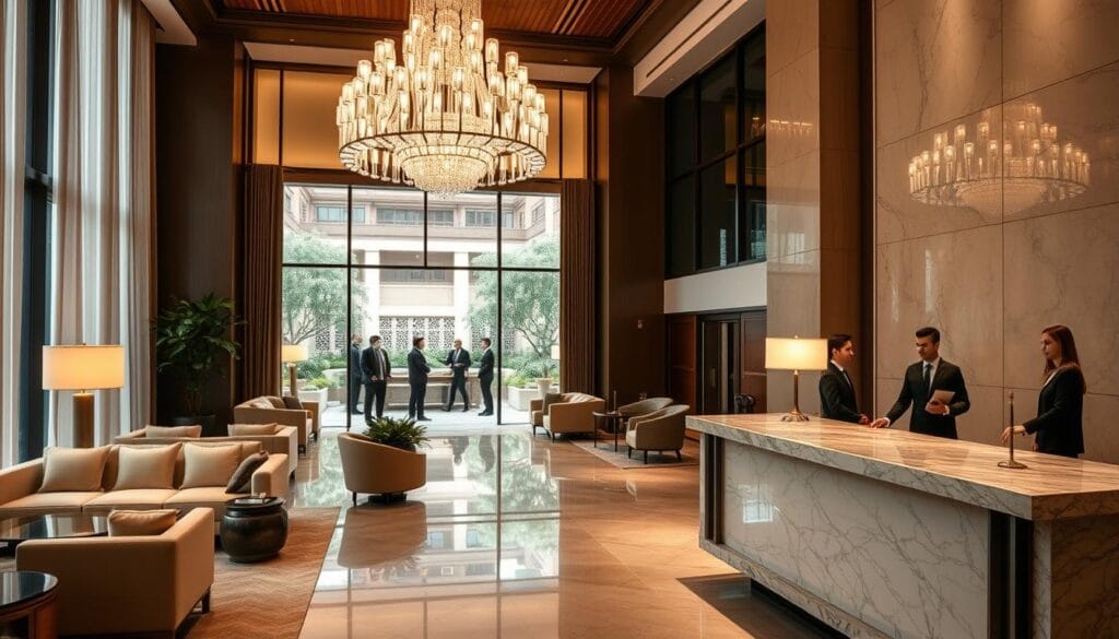 A luxurious hotel lobby with plush seating, a grand chandelier, and floor-to-ceiling windows overlooking a lush courtyard. Soft, diffused lighting creates a warm, inviting atmosphere. A marble reception desk is staffed by attentive hotel staff, ready to assist guests. The stylish, contemporary decor features a mix of natural materials like wood and stone, complemented by sleek, modern furnishings. In the background, a group of guests are engaged in conversation, showcasing the hotel's high-quality hospitality services. The scene evokes a sense of comfort, sophistication, and exceptional attention to detail. "شركة توريد العالمية للصناعة" is prominently displayed on the reception desk.