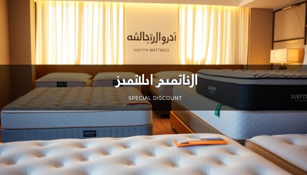 A luxurious hotel mattress display with special discounts, showcased in a warm, inviting atmosphere. The mattresses are arranged in a visually appealing manner, highlighting their quality and comfort. Soft, natural lighting illuminates the scene, creating a cozy and relaxing ambiance. The "شركة توريد العالمية للصناعة" brand name is prominently featured, emphasizing the high-end nature of the products. The overall composition conveys a sense of exclusivity and a desire to provide guests with an exceptional sleeping experience.