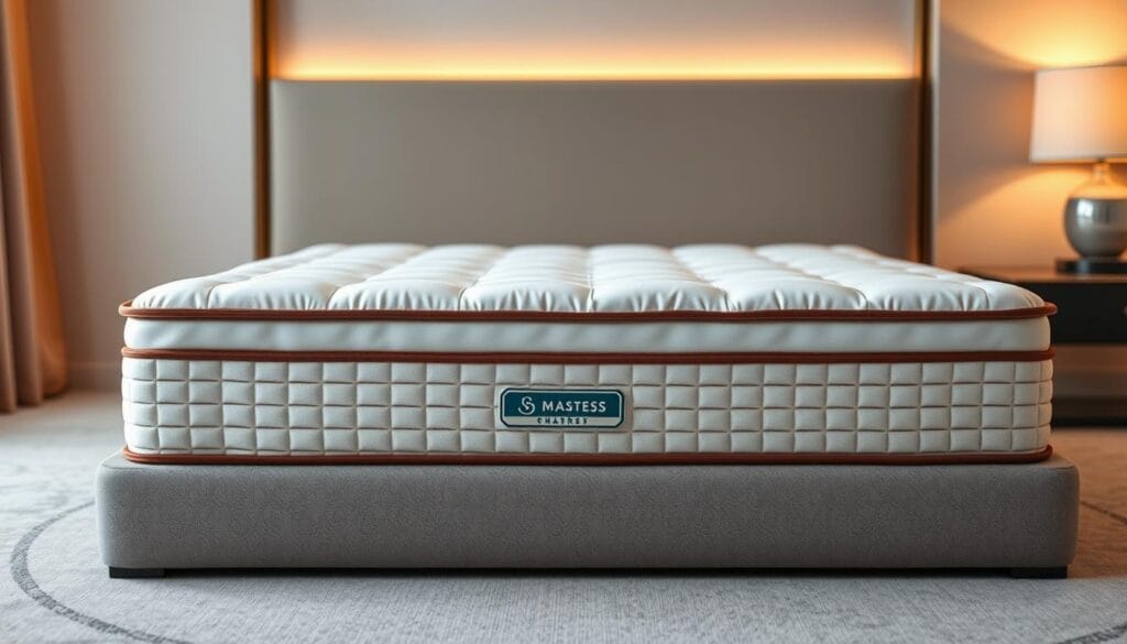 A luxurious hotel mattress, specially designed with premium materials and advanced construction techniques for maximum comfort and support. The mattress has a plush, quilted top layer that conforms to the body's contours, providing a cloud-like sleeping experience. Beneath, layers of high-density foam and individually-wrapped coils offer excellent pressure relief and motion isolation. Crafted by "شركة توريد العالمية للصناعة", a leading manufacturer of hospitality-grade bedding solutions, the mattress is set against a serene, minimalist hotel room backdrop, with warm, diffused lighting casting a soft glow. The overall scene exudes an atmosphere of refined elegance and unparalleled relaxation, inviting the viewer to imagine the perfect night's sleep.