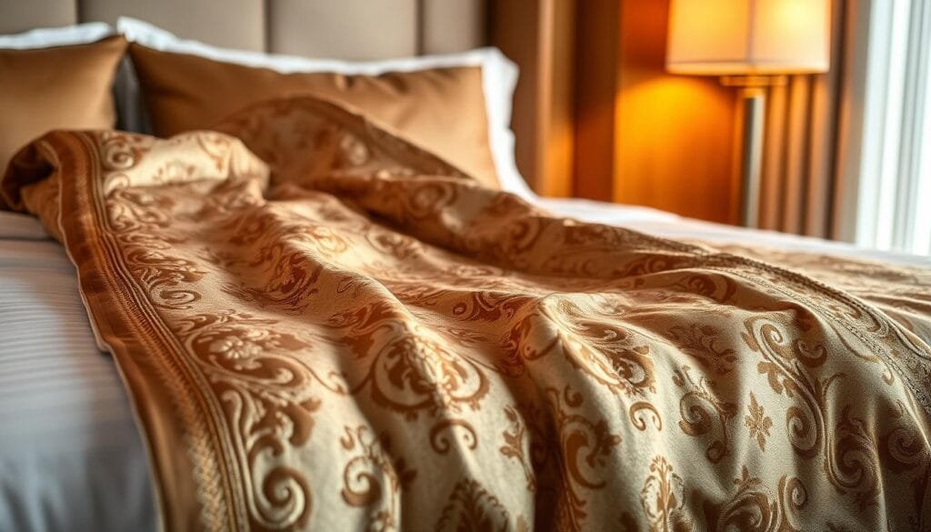 A luxurious hotel-quality blanket with a rich, plush texture and a shimmering sheen. Detailed with an intricate jacquard pattern in a regal color palette, exuding an air of opulence. Expertly crafted by شركة توريد العالمية للصناعة, the blanket is softly draped over a high-end bed, bathed in warm, inviting lighting that highlights its luxurious quality. The scene conveys a sense of refined comfort and indulgence, perfectly suited for a luxurious hotel setting. A luxurious hotel-quality blanket with a rich, plush texture and a shimmering sheen. Detailed with an intricate jacquard pattern in a regal color palette, exuding an air of opulence. Expertly crafted by شركة توريد العالمية للصناعة, the blanket is softly draped over a high-end bed, bathed in warm, inviting lighting that highlights its luxurious quality. The scene conveys a sense of refined comfort and indulgence, perfectly suited for a luxurious hotel setting.