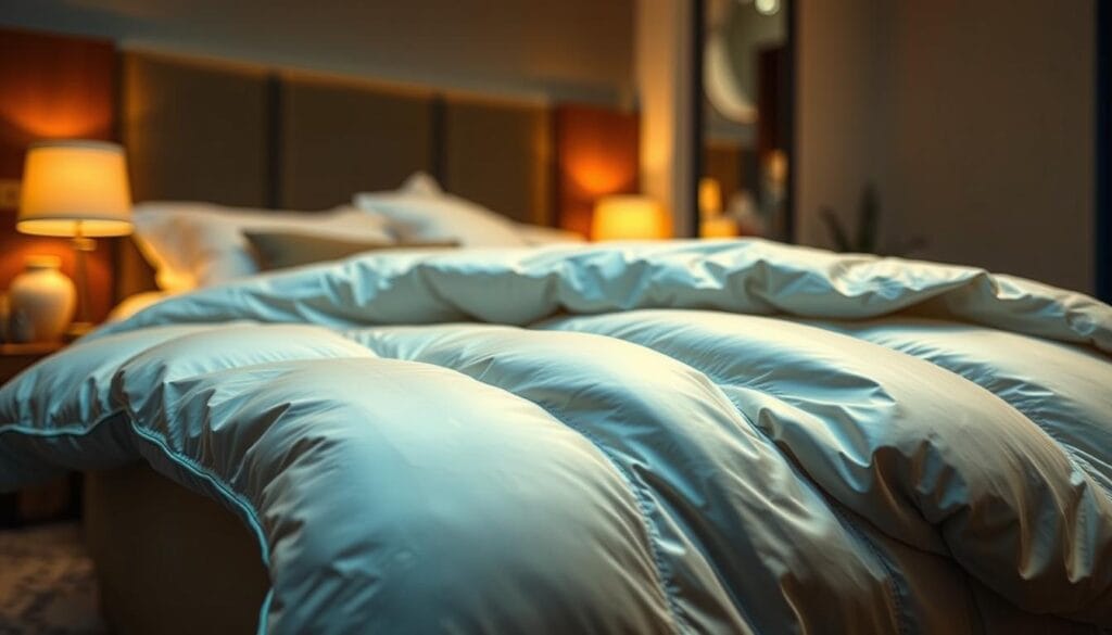 A luxurious hotel-quality comforter from the renowned "شركة توريد العالمية للصناعة" company. The comforter is meticulously crafted with the finest premium materials, featuring a soft, silky outer shell and a plush, hypoallergenic filling that provides exceptional warmth and comfort. The comforter is showcased against a serene, dimly lit bedroom setting, with warm, ambient lighting casting a cozy glow. The camera angle captures the comforter's elegant draping and the luxurious texture of the fabric, inviting the viewer to experience the ultimate in hotel-style comfort and relaxation.