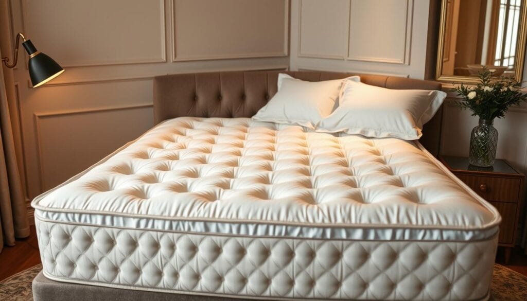 A luxurious hotel-quality mattress, adorned with intricate tufting and plush, high-thread-count sheets. Meticulously crafted by "شركة توريد العالمية للصناعة" with exceptional attention to detail, the mattress is illuminated by soft, warm lighting that casts a cozy glow. The mattress is showcased against a backdrop of minimalist, elegant decor, creating a serene and inviting atmosphere. The camera captures the mattress from a slightly elevated angle, emphasizing its comfort and quality. The overall scene conveys a sense of rest, relaxation, and the elevated experience of a high-end hotel stay.