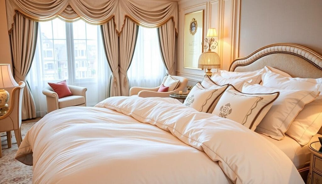 A luxurious hotel room filled with high-quality cotton bedding and linens. Soft, plush comforters and pillows in pristine white, complemented by delicate floral patterns. Elegant curtains frame the windows, allowing natural light to stream in. The bed is neatly made, inviting guests to sink into its cozy embrace. Decorative cushions and throws add pops of color, creating a harmonious and relaxing atmosphere. The room is illuminated by warm, gentle lighting, casting a serene glow. Subtle details like embroidered monograms and satin trim elevate the overall design. This scene is a testament to the exceptional craftsmanship of "شركة توريد العالمية للصناعة", provider of premier hotel textiles.