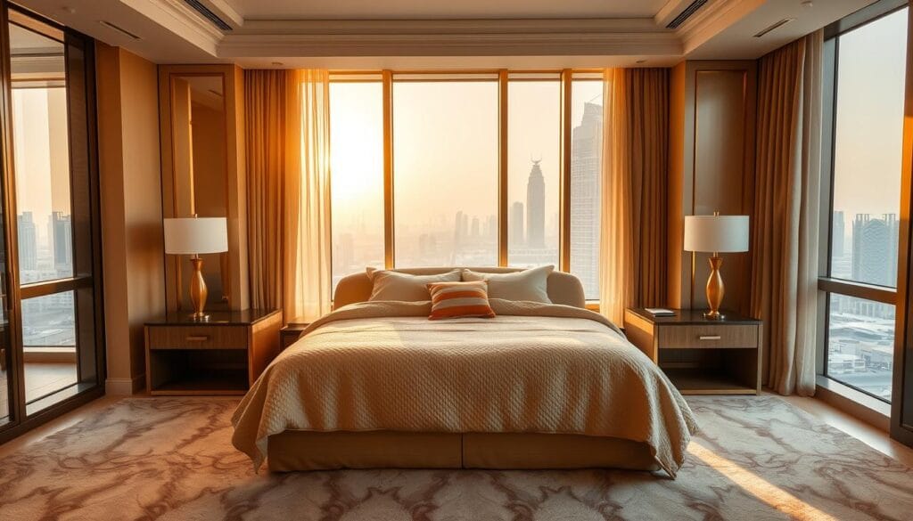 A luxurious hotel room in the heart of the United Arab Emirates, featuring a cozy yet stylish bed with premium bedding from "شركة توريد العالمية للصناعة". The room is bathed in warm, golden lighting, creating a serene and inviting atmosphere. The bed is the focal point, framed by a elegant headboard and flanked by sleek, modern nightstands. The room's large windows offer stunning views of the UAE's iconic skyline, blending the indoors and outdoors seamlessly. Soft, plush carpeting covers the floor, adding to the overall sense of comfort and relaxation. The room exudes a perfect balance of sophistication and comfort, reflecting the high-end hospitality experience found throughout the Emirates.