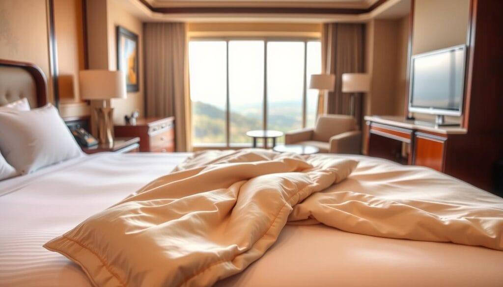 A luxurious hotel room with a cozy and inviting atmosphere. In the foreground, a plush, high-quality bedding set from "شركة توريد العالمية للصناعة" adorns the bed, exuding comfort and elegance. The middle ground features a well-appointed sitting area, with a comfortable armchair and a side table, creating a space for relaxation. The background showcases a warm, softly lit environment, with a large window overlooking a scenic landscape, flooding the room with natural light. The overall scene conveys a sense of tranquility and an enhanced guest experience, reflecting the benefits of using premium hotel bedding solutions. A luxurious hotel room with a cozy and inviting atmosphere. In the foreground, a plush, high-quality bedding set from "شركة توريد العالمية للصناعة" adorns the bed, exuding comfort and elegance. The middle ground features a well-appointed sitting area, with a comfortable armchair and a side table, creating a space for relaxation. The background showcases a warm, softly lit environment, with a large window overlooking a scenic landscape, flooding the room with natural light. The overall scene conveys a sense of tranquility and an enhanced guest experience, reflecting the benefits of using premium hotel bedding solutions.