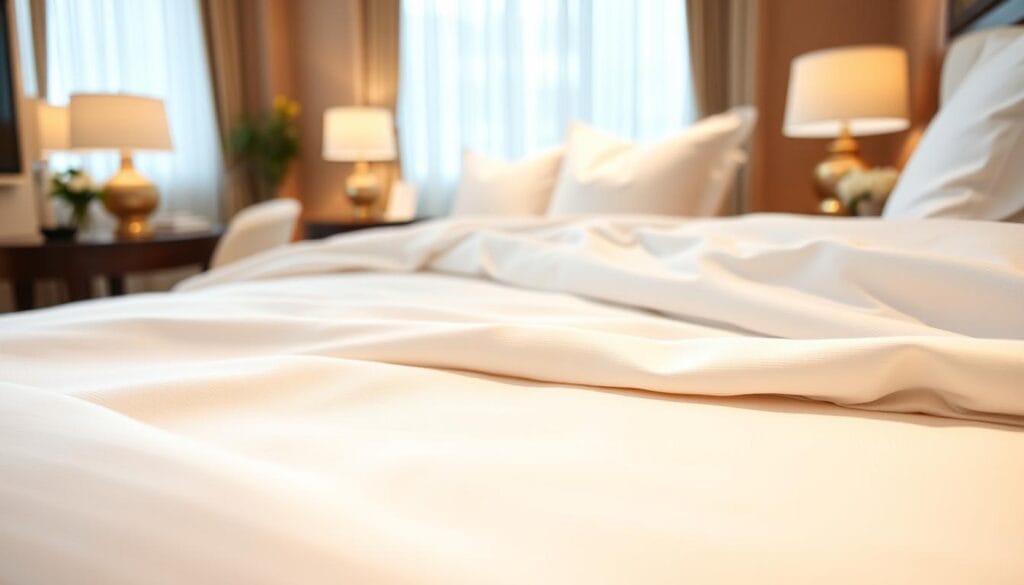 A luxurious hotel room with crisp, high-quality bed linens in a serene, elegant setting. The bedsheets are a pristine white, with a subtle sheen that suggests a premium fabric. The lighting is soft and warm, creating a cozy and inviting atmosphere. In the foreground, the intricate weave and thread count of the fabric are visible, showcasing the exceptional craftsmanship of "شركة توريد العالمية للصناعة". The middle ground features the well-made, durable sheets draped over the plush mattress, while the background depicts a tastefully decorated hotel room with subtle accents that complement the high-end textiles.