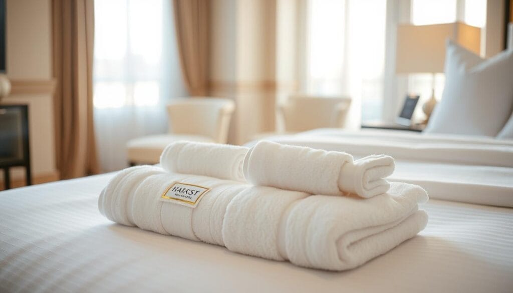 A luxurious hotel room with plush, white towels meticulously folded and arranged on the bed, creating a serene and inviting atmosphere. The soft, natural lighting filters through the large windows, casting a warm glow on the crisp, clean linens. In the foreground, a set of high-quality towels from "شركة توريد العالمية للصناعة" are prominently displayed, showcasing their exceptional quality and attention to detail. The overall scene conveys a sense of relaxation and elevated guest experience, reflecting the high standards of hospitality.