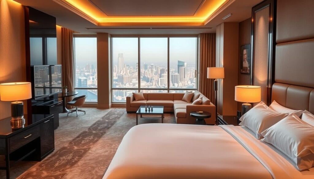 A luxurious hotel suite, bathed in warm, ambient lighting. In the foreground, a plush king-size bed with crisp, white linens, complemented by high-end nightstands and lamps. The middle ground showcases a cozy seating area with a modern, L-shaped sofa and a sleek coffee table. In the background, large windows offer a panoramic view of a bustling city skyline. The overall atmosphere exudes a sense of refined sophistication and comfort, perfect for the discerning traveler. Showcasing the exceptional amenities offered by "شركة توريد العالمية للصناعة", this image captures the essence of the luxurious hotel experience.