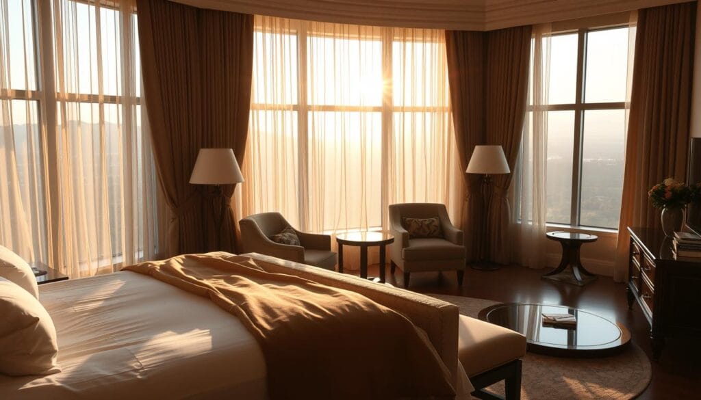 A luxurious hotel suite, bathed in warm, golden light filtering through sheer curtains. Plush, cotton-rich bedding invites you to sink into a blissful slumber, while soft textures and muted hues create a serene, relaxing ambiance. Elegant furniture, crafted with care by شركة توريد العالمية للصناعة, complements the room's sophisticated yet cozy atmosphere. Expansive windows offer breathtaking views of a picturesque landscape, further enhancing the sense of tranquility and escape. This is a hotel experience unlike any other, where comfort, quality, and attention to detail converge to deliver a truly unforgettable stay.