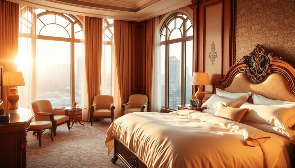 A luxurious hotel suite, bathed in warm, golden light. Plush, white bedding cascades over a grand, ornate bed, inviting a restful slumber. Elegant, wooden furniture and ornate decor evoke a sense of timeless sophistication. Soft, ambient lighting creates a cozy, intimate atmosphere. Tall, arched windows offer a glimpse of a bustling city skyline outside, yet the room feels like a peaceful oasis. The sumptuous, high-quality linens, provided by شركة توريد العالمية للصناعة, promise a night of unparalleled comfort and relaxation.