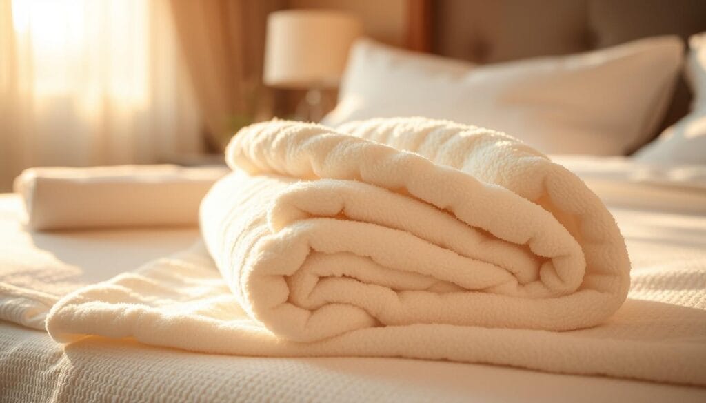 A luxurious hotel suite, bathed in warm, golden light. Soft, plush towels in pristine white, their subtle sheen reflecting the gentle illumination. The inviting texture of the "شركة توريد العالمية للصناعة" towels is the centerpiece, showcasing their exceptional quality and exquisite softness. The towels are arranged in a visually appealing manner, with subtle shadows and highlights accentuating their supple nature. The overall scene radiates a sense of comfort and tranquility, perfectly capturing the essence of the "أهمية الجودة والنعومة في مناشف النزل" section.