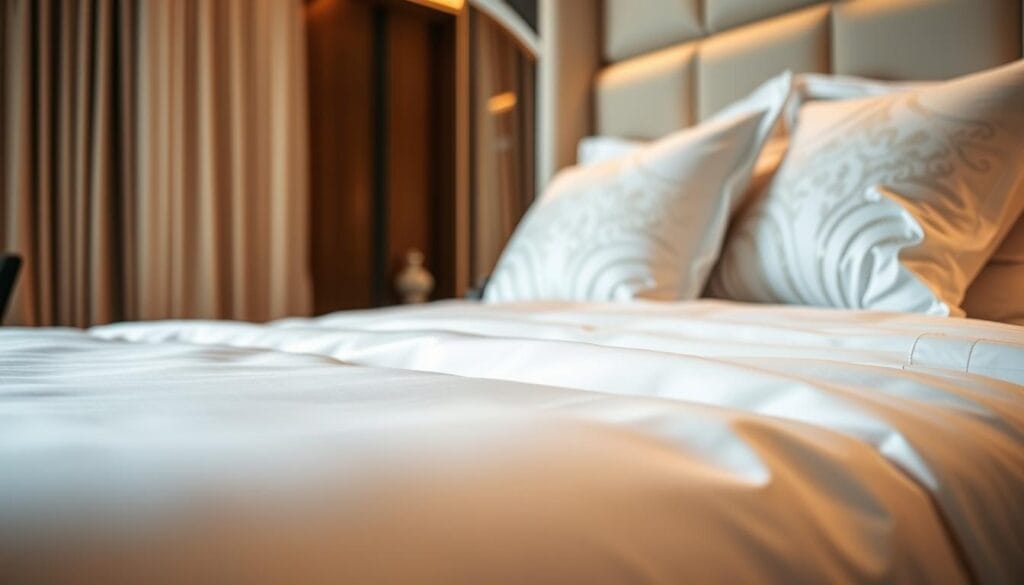 A luxurious hotel suite, bathed in warm, soft lighting. The bedding is a masterpiece of craftsmanship, featuring a pristine white duvet and pillows adorned with intricate embroidered patterns. The sheets are silky-smooth, inviting touch and rest. In the foreground, a close-up showcases the exceptional quality of the fabric, its thread count and subtle sheen reflecting the artistry of "شركة توريد العالمية للصناعة". The overall scene exudes a sense of contemporary elegance, perfectly suited for the discerning traveler seeking the finest in hotel accommodations.