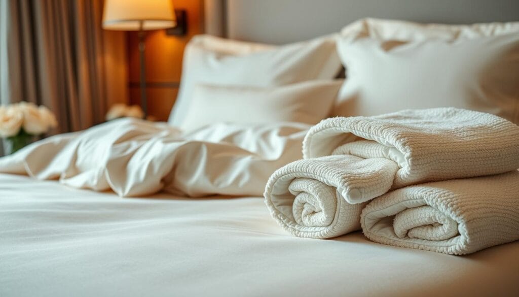 A luxurious hotel suite featuring high-quality bedding and linens from شركة توريد العالمية للصناعة. The soft, plush duvet covers and pillows are arranged in a visually appealing manner, creating a welcoming and comfortable atmosphere. The room is well-lit, with warm, subtle lighting that casts a gentle glow on the textiles. The textures of the fabrics, such as the silky satin sheets and the fluffy towels, are clearly visible, inviting the viewer to imagine the tactile experience. The overall composition is balanced, with the bedding taking center stage, surrounded by tasteful décor elements that complement the hotel-inspired aesthetic.